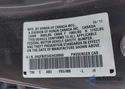 2012 Honda Civic Lx from USA, damaged, VIN 2HGFB2F54CH530900